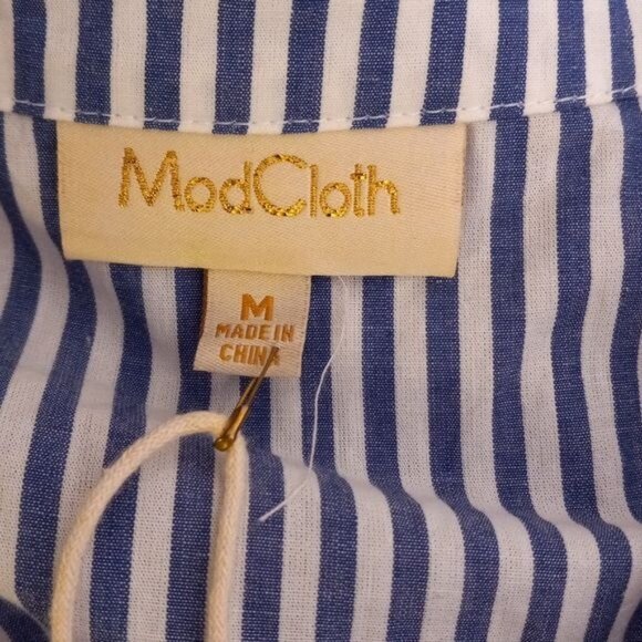 ModCloth M Top Crop Sleeveless Blue White Striped Button Up Tie Front Shirt NEW - Picture 7 of 11